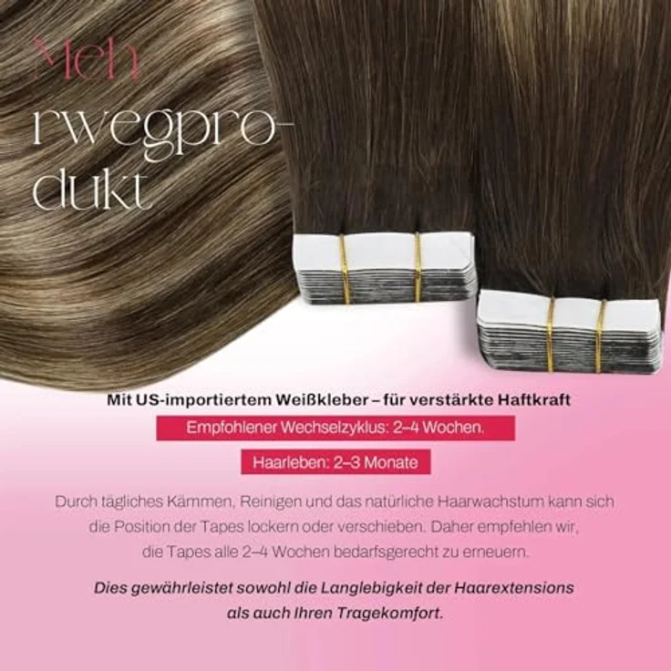 Moresoo Echthaar Extensions Tape, Balayage Dunkelbraun mit Karamellblond, 50g, 60 cm, 20 Tressen, Remy Echthaar, Seamless Skin Weft – Bild 3