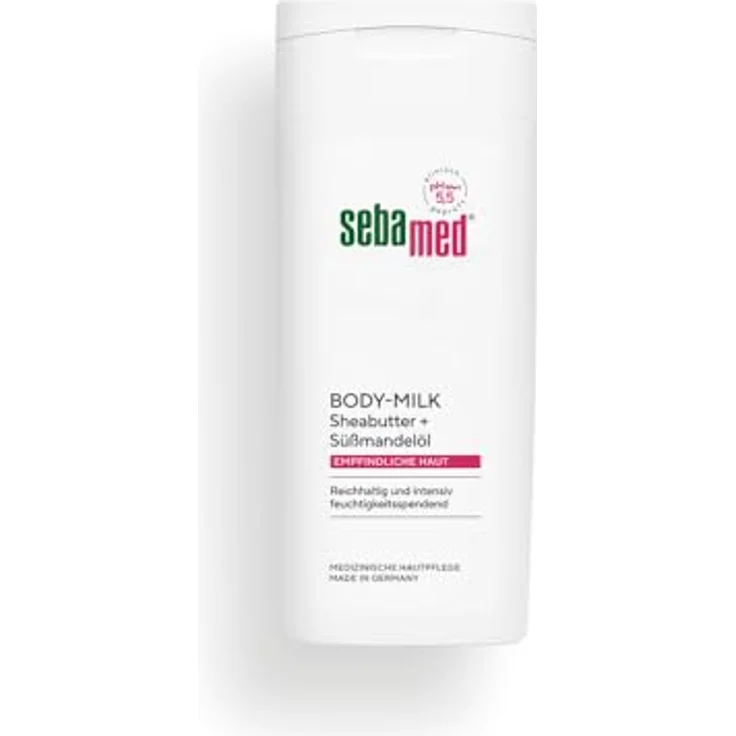 Sebamed Body-Milk 200 ml, mit Sheabutter und Süßmandelöl, intensiv feuchtigkeitsspendend für empfindliche und trockene Haut, pH 5,5 – Bild 1