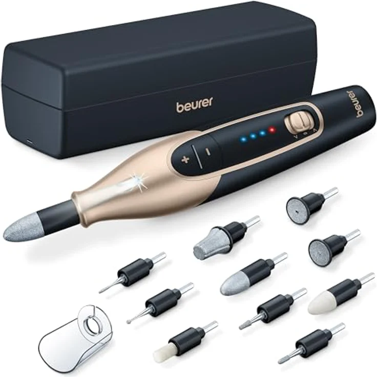Beurer MP 84 Special Edition Maniküre-/Pediküreset, elektrische Nagelfeile mit Akku, 10 Aufsätze, LED-Licht, inkl. Aufbewahrungsetui, bis zu 4400 U/min, Nagelfräser zur Hand- und Fußpflege, schwarz – Bild 1