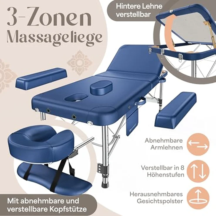 KESSER® Massageliege 3 Zonen bis 250kg, klappbar und verstellbar, Tragetasche, Alu-Kopfstütze, Anti-Rutsch Füße, 60cm, Navyblau – Bild 3