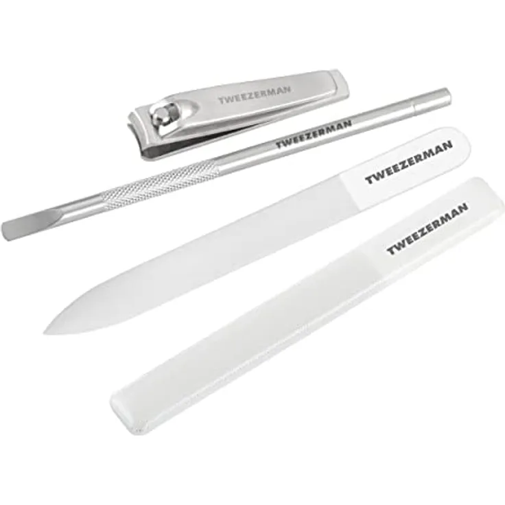 TWEEZERMAN Studio Collection Glas Maniküre Set, 4-teiliges Nagelpflege Set, Silber, Weiß, 4207-R