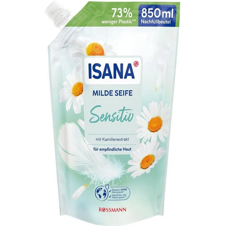 ISANA Flüssigseife Milde Seife Sensitiv, 850 ml Nachfüllbeutel, pH-hautneutral, vegan, dermatologisch getestet, ohne Mikroplastik