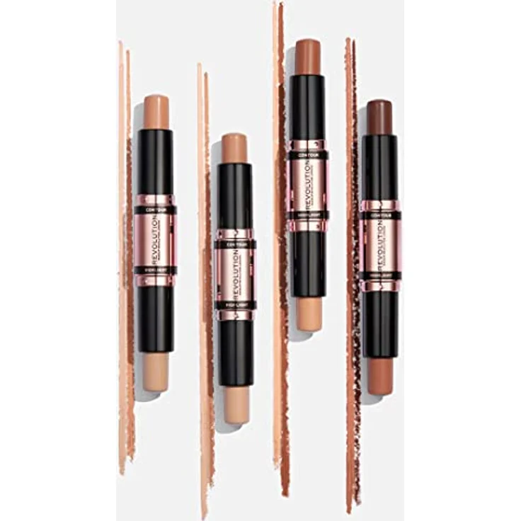 Makeup Revolution Konturenstift Duo Cream Contour & Highlight, definiert die Wangenknochen und modelliert das Gesicht, vegan und frei von Tierversuchen, dunkel, 2,4 g – Bild 4