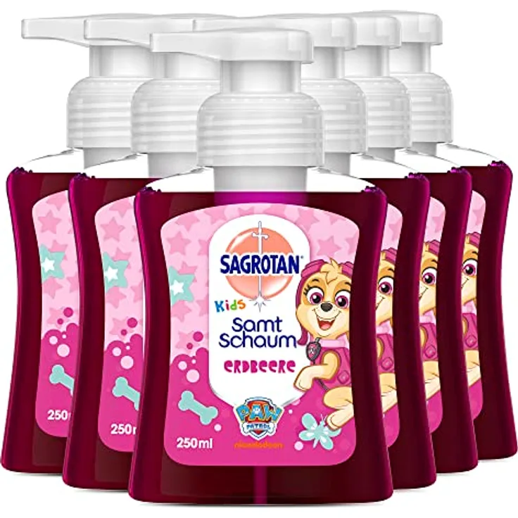 Sagrotan Kids Samt-Schaumseife Erdbeere – Paw Patrol Edition – 6 x 250 ml Schaumseife mit farbigem Schaum im Seifenspender