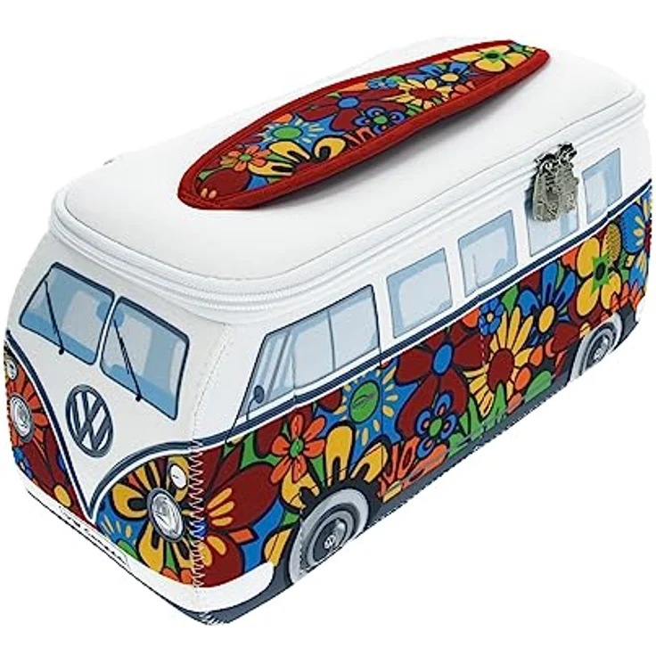 BRISA VW Collection - Volkswagen Neopren Kosmetiktasche T1 Bulli Bus, Flower/Bunt, Groß mit praktischen Fächern und Tragegriff – Bild 1