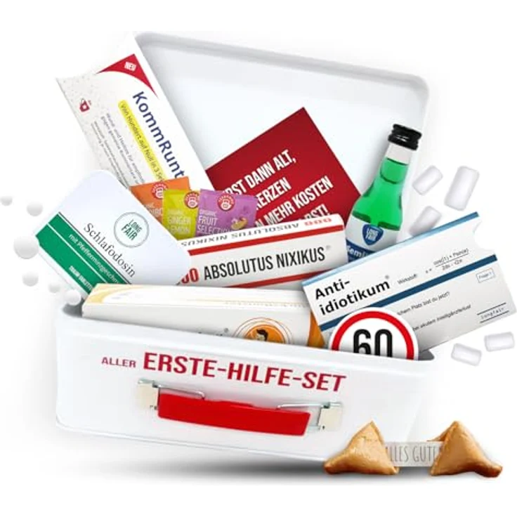 Longfair Erste Hilfe Set Geschenk-Box zum 60. Geburtstag, witziger Sanikasten, 8-teilig mit lustigen Sprüchen und fröhlichem Inhalt – Bild 1