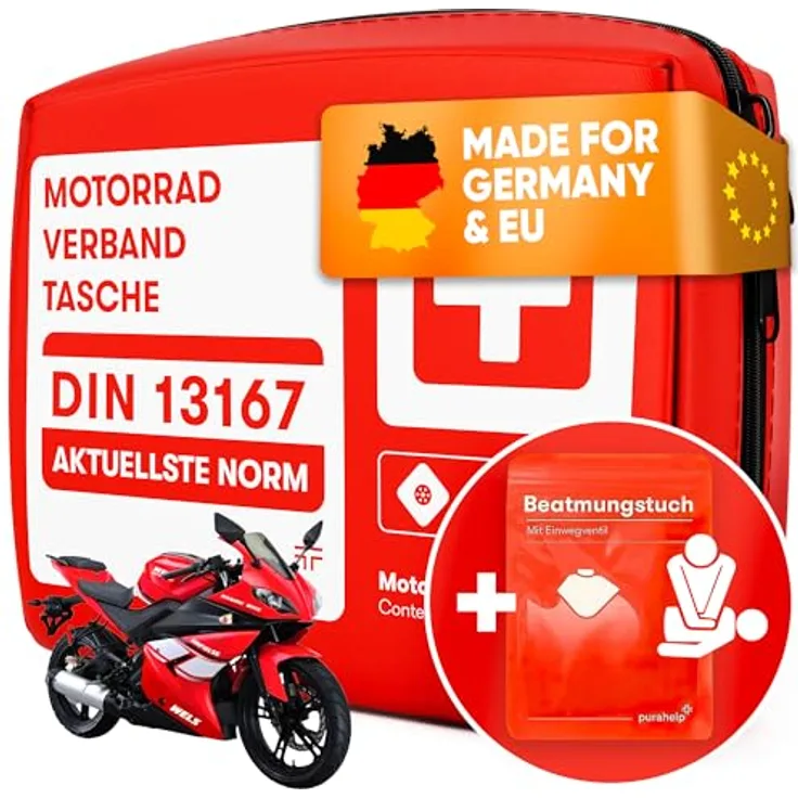 PURAHELP Motorrad Verbandskasten nach aktueller Norm 2024 DIN 13167 (StVO konform) - Inkl. Beatmungstuch - Motorrad Erste Hilfe Set 2024 Mini Klein
