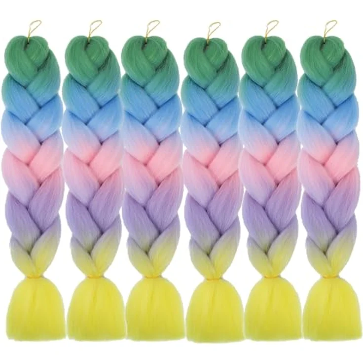 Shangxiu Rainbow Colors Zöpfe Haarverlängerungen, 24" (60cm) Yaki Textur mit 600g synthetischem Haar, 6 Stück pro Paket – Bild 1