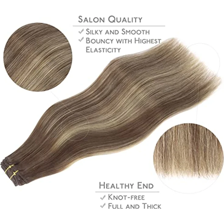 WENNALIFE Clip in Extensions Echthaar, 35cm 120g 7pcs Balayage Schokoladenbraun bis Honigblond, Remy Haarverlängerung – Bild 4