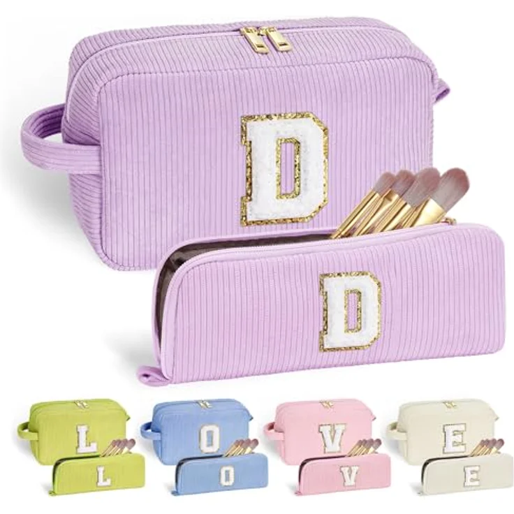 Parima Lila Kosmetiktasche für Mädchen, 2-teilige Cord Make-up-Tasche mit hoher Kapazität und personalisiertem Design, ideal für Reisen und als Geschenk für Mädchen von 7 bis 14 Jahren – Bild 1