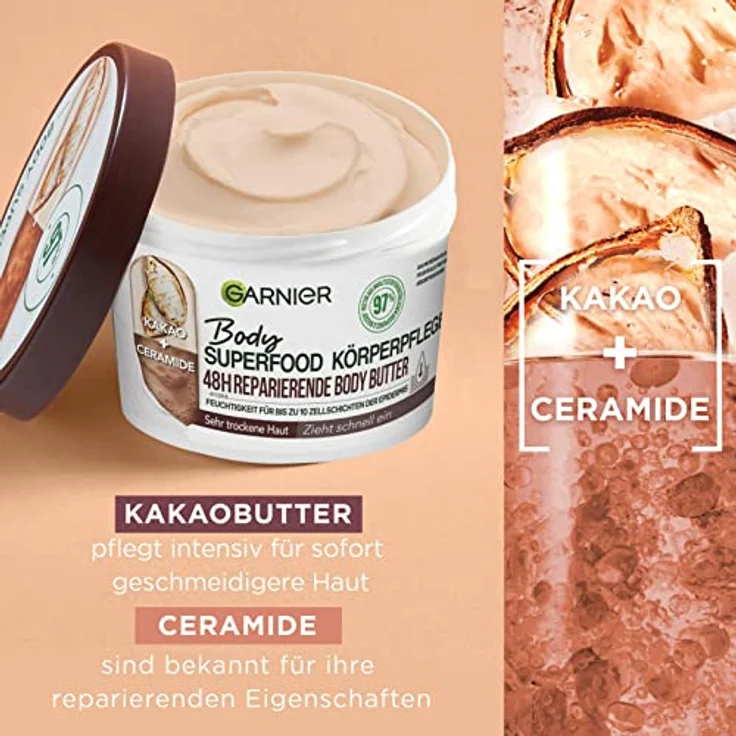 Garnier Reparierende Körperpflege für trockene Haut, Body Butter mit Kakaobutter und Ceramiden, Für bis zu 48 Stunden Feuchtigkeit, Body Superfood, 1 x 380 ml – Bild 2