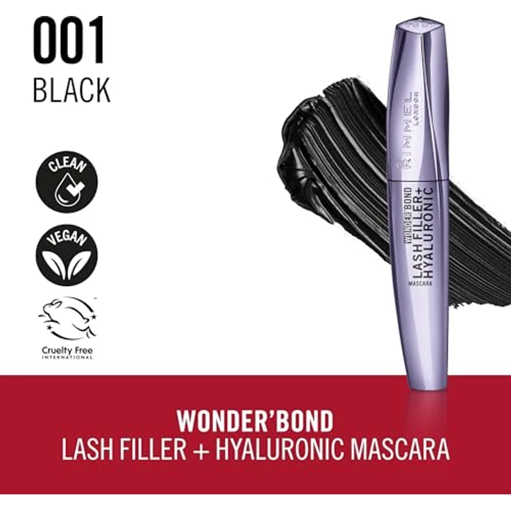 Rimmel Wonder'Bond Lash Filler + Hyaluronic Mascara 001 Black, 11 ml, hydratisierte und genährte Wimpern, sichtbar dickere und dichtere Wimpern, schmierfest, blättert nicht ab – Bild 3