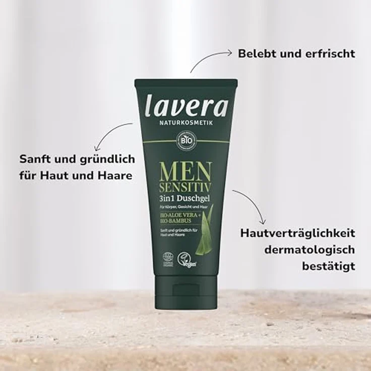 lavera Men sensitiv 3in1 Duschgel - erfrischend & belebend - für empfindliche Haut - Bio-Bambus & Bio-Aloe Vera - vegan - Naturkosmetik - 200 ml – Bild 3