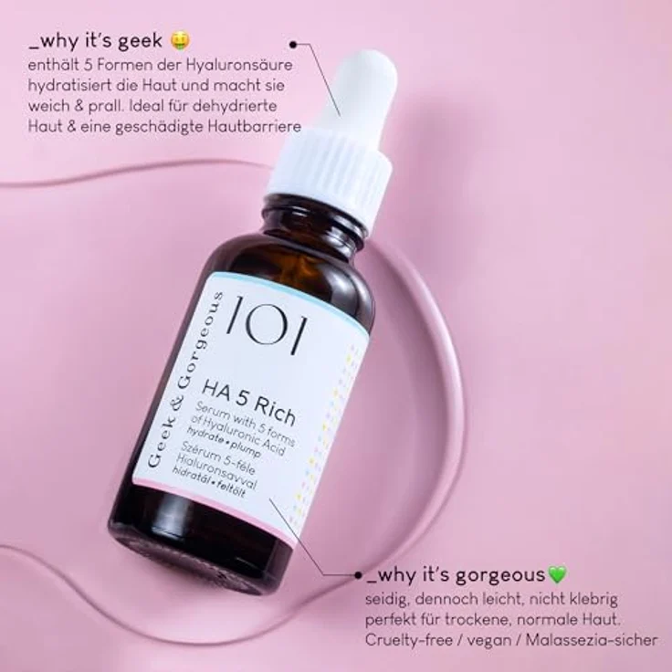 Geek & Gorgeous - HA 5 Rich - Hyaluron Serum Gesicht, mit 5 Hyaluronsäurearten, feuchtigkeitsspendend und straffend, für normale und trockene Haut, 30 ml – Bild 2