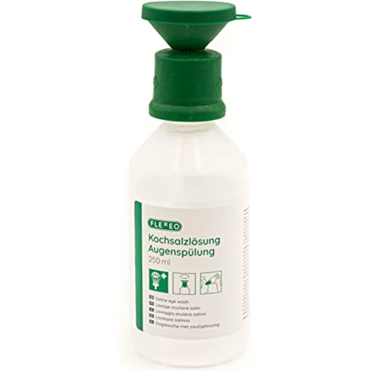FLEXEO Augenspülung 250ml NaCl 0,9 Kochsalzlösung - Augenspülflasche - Eye wash - sterile Augenspüllösung - Augenspülmittel mit Salzlösung - Augenbad, ergonomische Augenschale