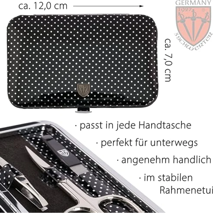 DREI SCHWERTER Maniküreset 'Genova' 6-tlg. aus schwarz gepunktetem Kunstlackleder, inklusive Nagelschere, Hautschere, Nagelknipser, Glasnagelfeile, Pinzette, Saphirnagelfeile – Bild 4