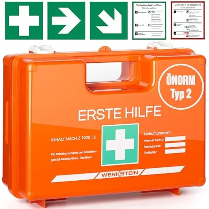 Werkstein Erste-Hilfe-Koffer ÖNORM Z1020 Typ2, Verbandskasten inkl. Wandhalterung für Betriebe und Zuhause, 2er Set mit Erste-Hilfe-Anleitung und 5 Aufklebern – Bild 1