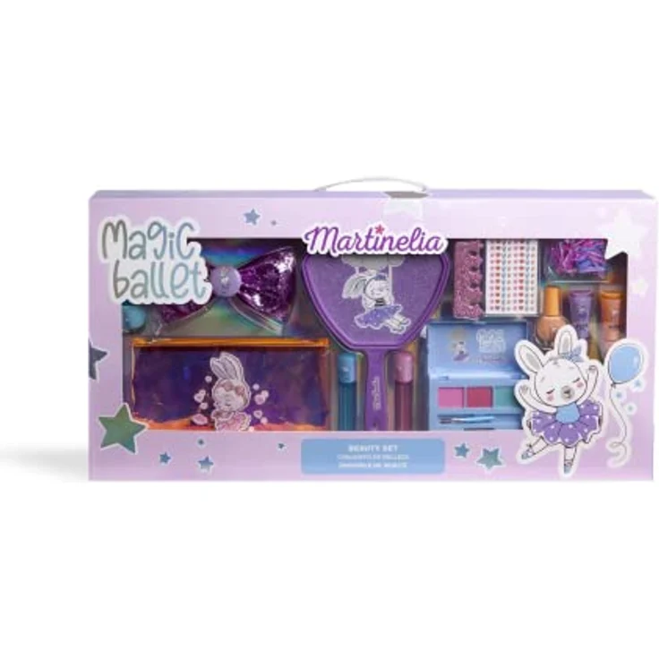 MARTINELIA Magic Ballet MEGA SCHÖNHEITS Set, Kinder Schminkset mit Nagellack in Blau und Orange, Lip Gloss, Lidschattenpalette und Kosmetiktasche