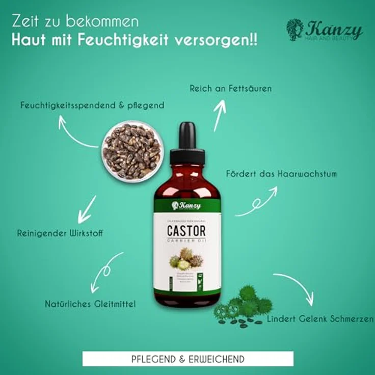 KANZY Rizinusöl Bio Kaltgepresst 100ml, Organisches Rizinusöl für Haarwachstum, Hautpflege, Wimpern und Augenbrauen, reich an Vitamin E und Omega-6-Fettsäuren – Bild 2