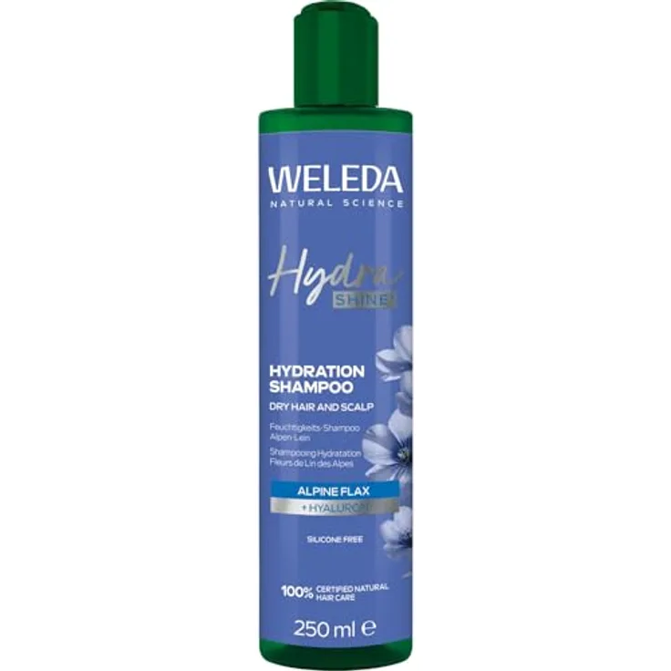 Weleda Bio Hydra Shine Feuchtigkeits-Shampoo mit Hyaluronsäure & Alpen-Lein, für trockenes Haar, Naturkosmetik, 250ml