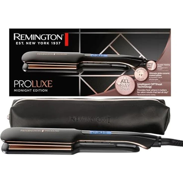 Remington Glätteisen Proluxe [extra breite Keramikstylingplatten 110 x 50mm, OPTIheat Technologie, Pro+Einstellung für schonendes Styling, digitales Display, schnellaufheizend] Haarglätter S9150B – Bild 1