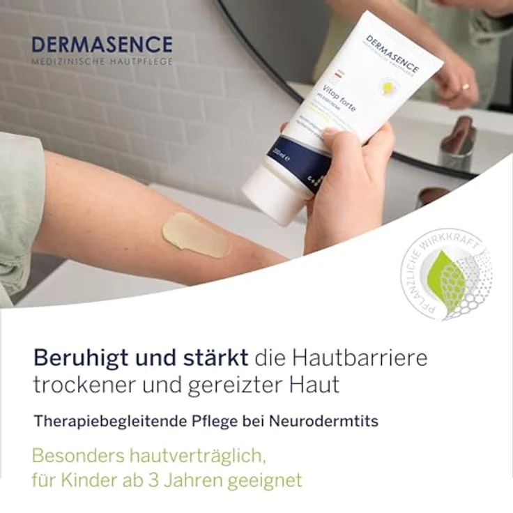 DERMASENCE Vitop forte Pflegecreme, 200 ml - Hautschützende Basispflege bei trockener und zu Neurodermitis neigende Haut - Entzündungen vorbeugend mit Färberwaid und Aloe Vera – Bild 3
