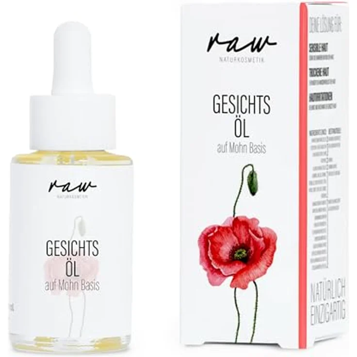 raw Kosmetik, Gesichtsöl Mohn 30ml, mit kaltgepresstem Bio-Öl, ideal für trockene & sehr sensible Haut, 100% vegan – Bild 1