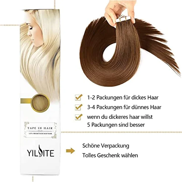 YILITE Tape Extensions Echthaar, Mittelbraun 50cm, 20 Stück/Packung, 50g, Invisible Seidig Gerade Skin Weft – Bild 4