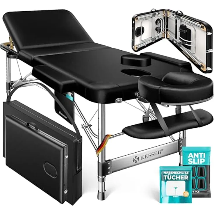 KESSER® Massageliege 3 Zonen, klappbar und verstellbar, bis 250kg, tragbar mit Koffer, schwarz, Alu-Kopfstütze und Armlehne, Anti-Rutsch Füße, 70cm