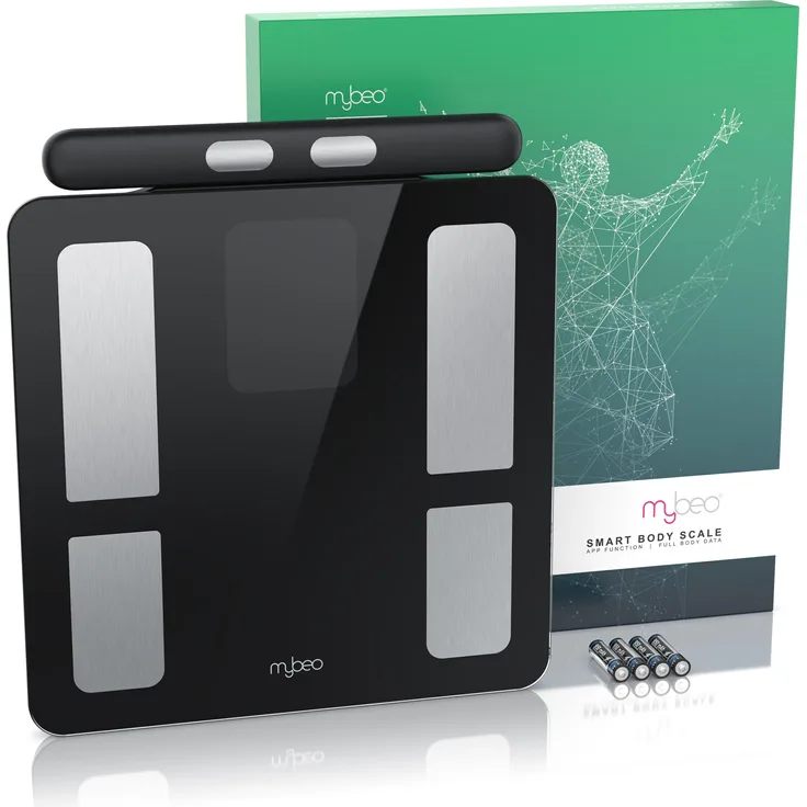 Mybeo Körperanalysewaage, Smart Personenwaage bis 180 kg mit Echtzeitdaten, LCD-Display und App-Anbindung