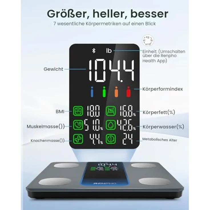 RENPHO Körperfettwaage, 7-in-1 Digital Personenwaage mit 225 kg Kapazität, Bluetooth, 13 Körpermesswerten und großem LED-Display – Bild 2