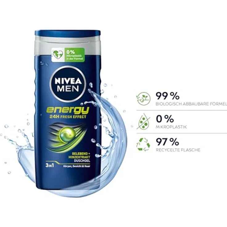 Nivea Men Energy Duschgel (250 ml), pH-hautneutrale Pflegedusche mit vitalisierendem Duft und 24h Frische Effekt, Cremedusche mit Minzextrakt, für Körper, Gesicht und Haar – Bild 3