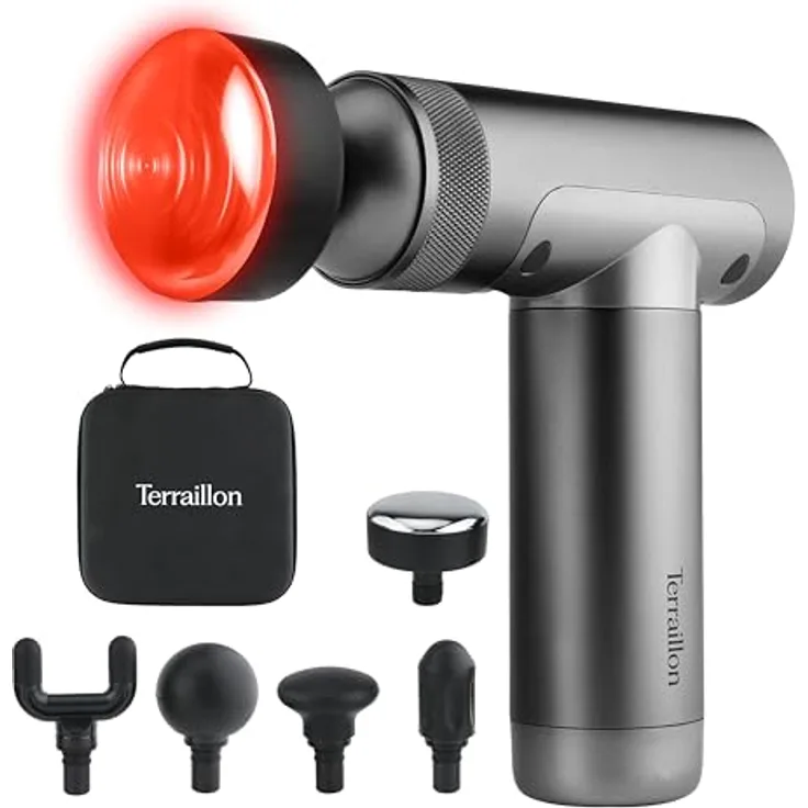 Terraillon Muscle Massager, Massagepistole mit 3 Stufen, 120 Min Laufzeit, vier Massageköpfe