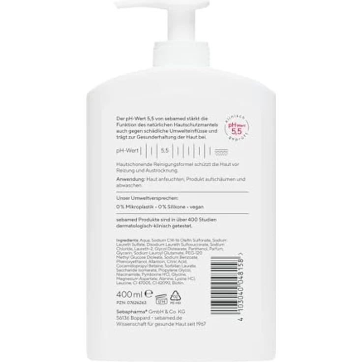 Sebamed Flüssig Wasch-Emulsion mit Spender 400 ml, seifenfreie Reinigung für empfindliche und problematische Haut, hilft gegen Reizungen und Austrocknung, zur Hand-, Gesichts- und Körperreinigung – Bild 2