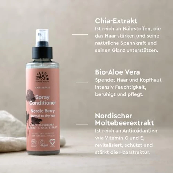 Urtekram Nordic Berry Spray-Conditioner, Leave-in Pflegespray für normales bis trockenes Haar mit Chia, Aloe Vera & Moltebeere, vegan, 250 ml – Bild 4