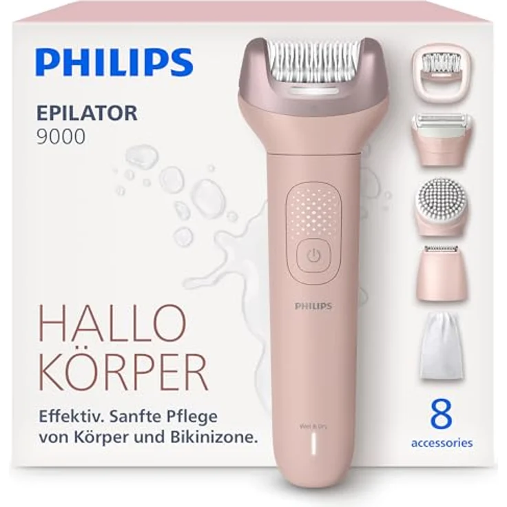 Philips Epilator Series 9000 BRE719/00, 7 Aufsätze, kabelloser Epilierer für Nass- und Trockenanwendung, rosa – Bild 1