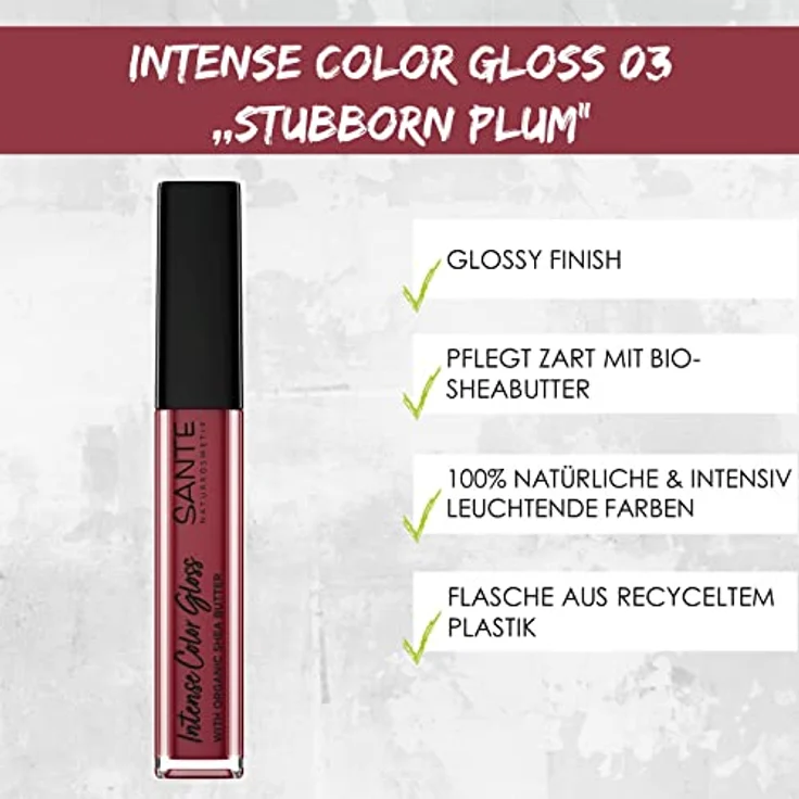 Sante Naturkosmetik Natürlicher Lipgloss mit glänzendem Finish, Mit Sheabutter für gepflegte Lippen, Intense Color Gloss, Nr. 03 Stubborn Plum, 1 x 5,3 ml – Bild 2