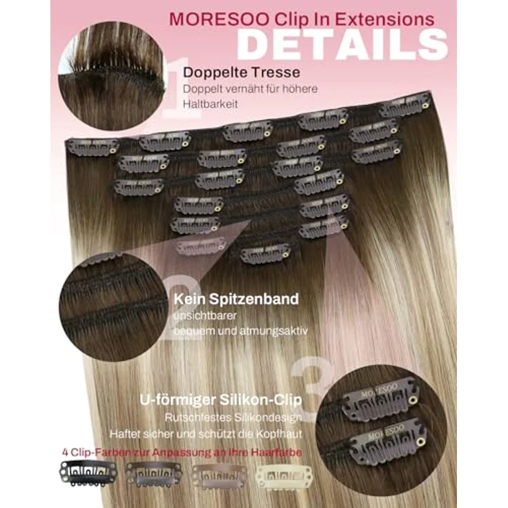 Moresoo Clip In Extensions Echthaar 45 cm, Nahtlos und Seidig Glatt, Balayage Braun Kastanienbraun Mittelblond, 7 Stück, 120 g Voluminös Remy für Hochzeit und Alltag #3/8/22 – Bild 4