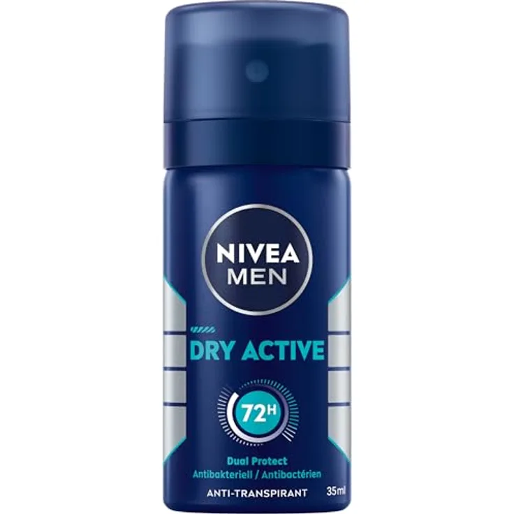 NIVEA MEN Dry Active Deo Spray, 72h Anti-Transpirant-Schutz, antibakteriell, ohne Ethylalkohol, Reisegröße 35 ml