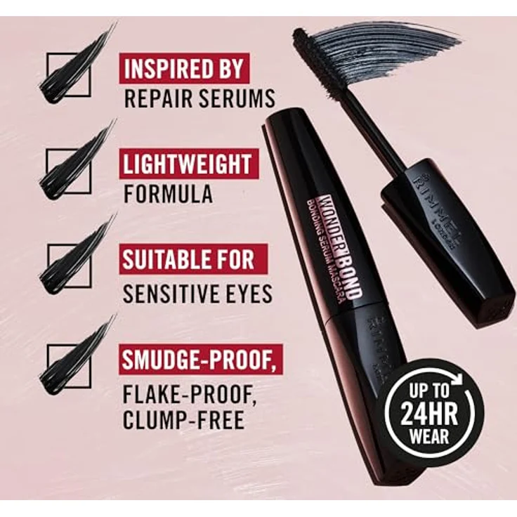 Rimmel Wonder'Bond, 001 Black, Mascara, Verlängerung, Mascara, Serum, tropft nicht, ohne Pakete, stärkt die Keratinstrukturen, 11 ml – Bild 5