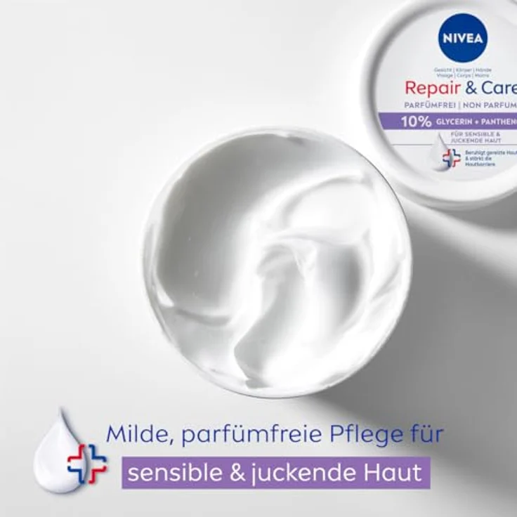 NIVEA Repair & Care Parfümfrei Creme, feuchtigkeitsspendende & nicht fettende Körpercreme mit Panthenol & Glycerin, für sensible & juckende Haut (400 ml) – Bild 5