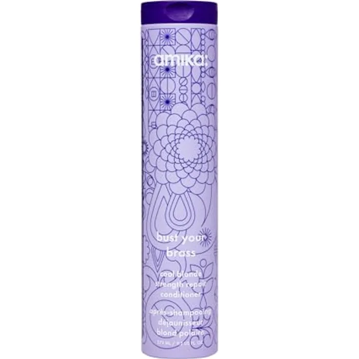 amika BUST YOUR BRASS reparierender Conditioner für blondes Haar, 275 ml, neutralisiert Gelbstiche und pflegt tiefenwirksam