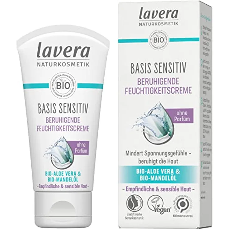 lavera basis sensitiv Beruhigende Feuchtigkeitscreme - Naturkosmetik - vegan - Bio-Aloe Vera & Bio-Mandelöl - feuchtigkeitsspendend - Tagescreme - ohne Parfüm - PETA-zertifiziert - 1 x 50 ml