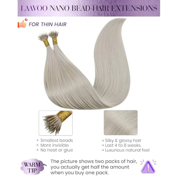 LaaVoo Nanoring Extensions Echthaar Platinblond, 35cm, 50g, 50 Strähnen, natürliche Haarverlängerung ohne Hitze – Bild 2