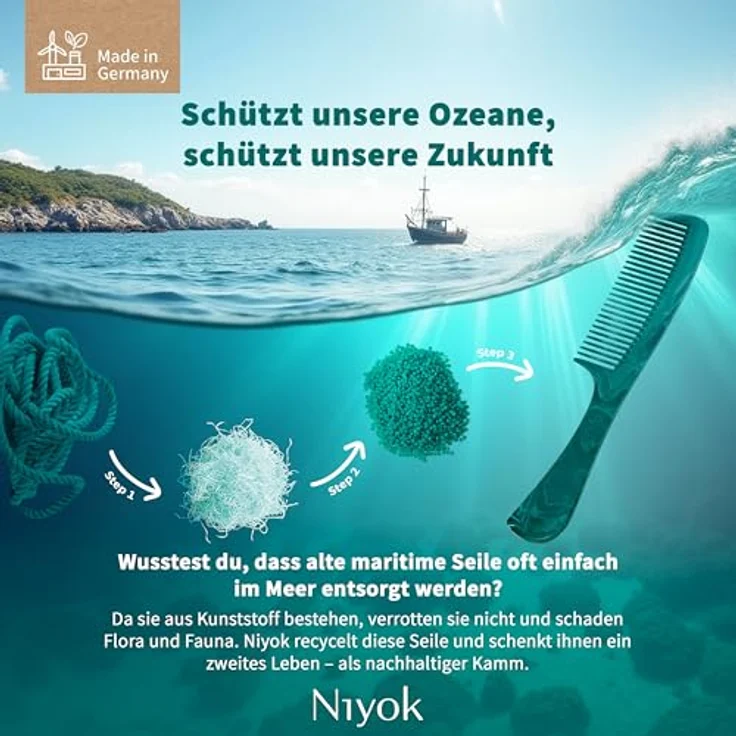 Niyok Haarkamm mit Griff, 99% aus recycelten maritimen Seilen, sanft zu Haar und Kopfhaut, Made in Germany – Bild 2