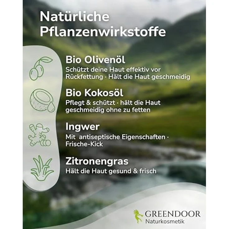 GREENDOOR Basisches Duschgel 500 ml Ingwer Zitronengras, pH 8,5, ohne SLS & Konservierungsstoffe, vegane Naturkosmetik mit Bio-Olivenöl & Bio-Kokosöl – Bild 5