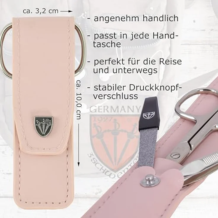 DREI SCHWERTER Nagelpflegeset 'Venezia', 3-teiliges Maniküre- und Pediküre-Set in rosa Kunstlederetui, Made in Germany, inkl. Nagelschere, Pinzette, Saphirnagelfeile – Bild 4