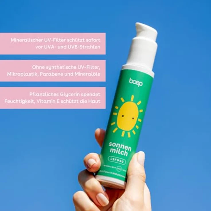 boep Mineralische Sonnenmilch, leichte & feuchtigkeitsspendende Rezeptur mit Zinkoxid-Filter, LSF 50 für sensible Haut von Babys, Kindern und Schwangeren, 100ml mit leichtem Sommerduft – Bild 4