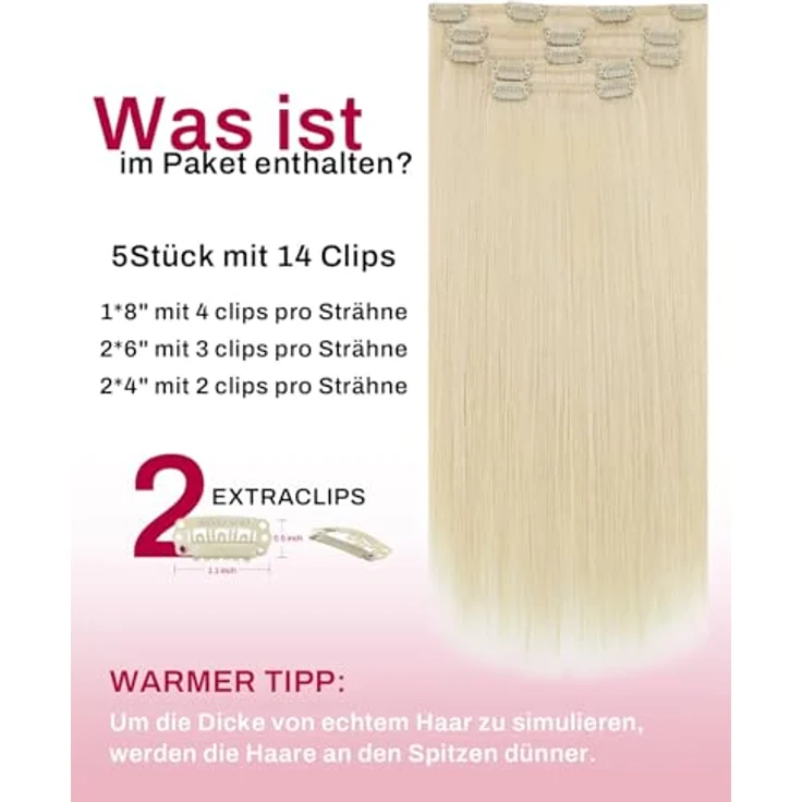 Moresoo Clip in Extensions Echthaar, 80g Platinblond, 25 cm, 5 Stück, langlebig und leicht zu tragen – Bild 3