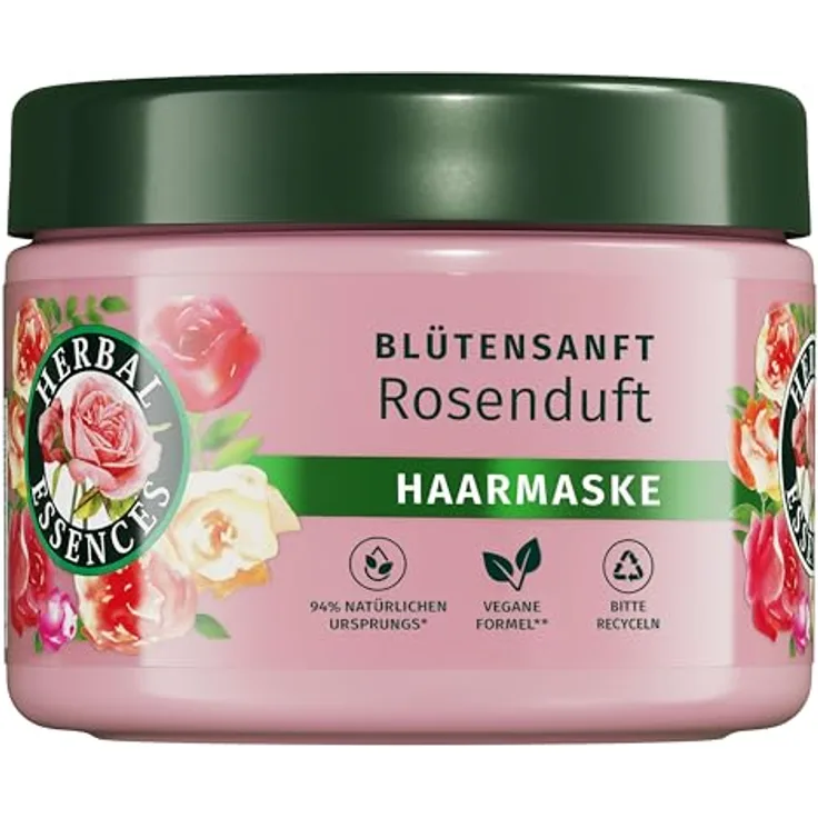 Herbal Essences Blütensanft Haarmaske mit Rosenduft 300ml - Von stumpfem Haar zu seidig glänzenden Haaren, Vegan, natürliche Rosenessenzen